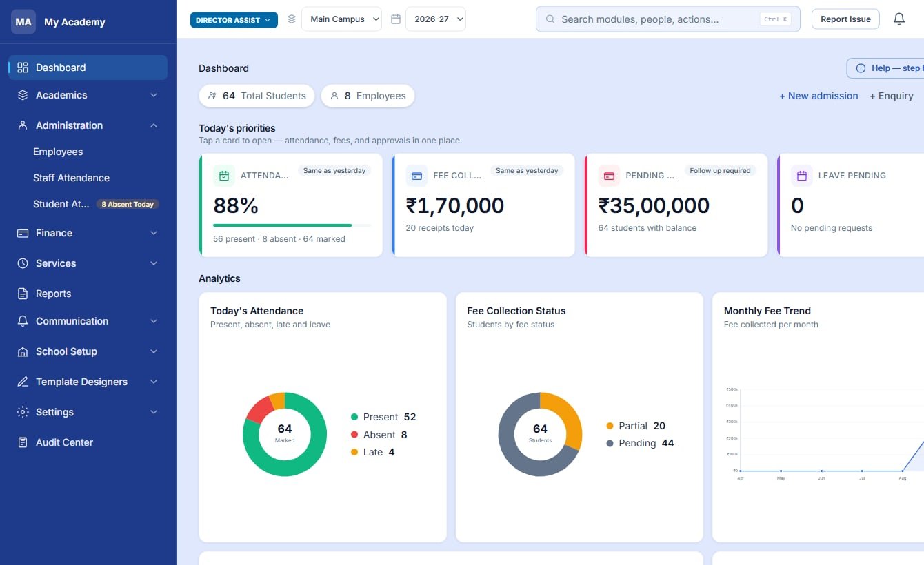 Klassena ERP dashboard — students, fees, attendance, and analytics